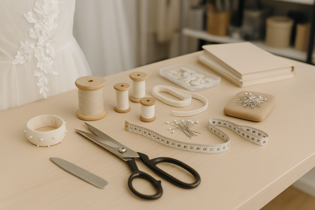 tailoring equipment laid out on a bridal studio table